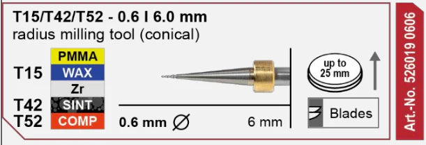 T15/T42/T52 Radius Milling Tool (Conical) 0.6 | 6 mm Shank