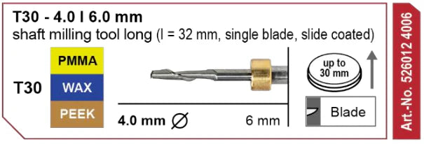 T30 Shaft Milling Tool, Single Blade, Slide Coated, 4.0 | 6 mm Shank