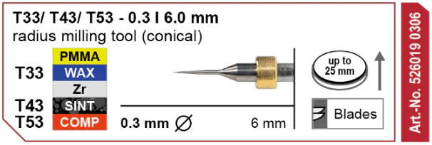 T33/T43/T53 Radius Milling Tool (Conical) 3.0 | 6 mm Shank