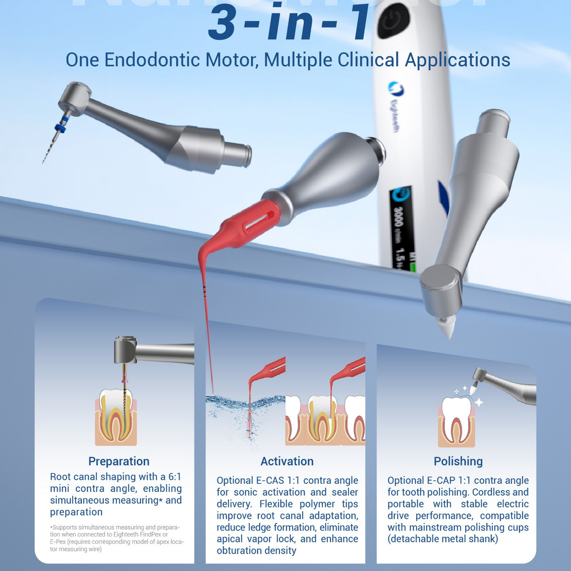 NanoMotor Brushless Endodontic Motor System, Bluetooth Connectivity for Settings Control, Integrated Apex Locator Compatibility (FindPex pairing)